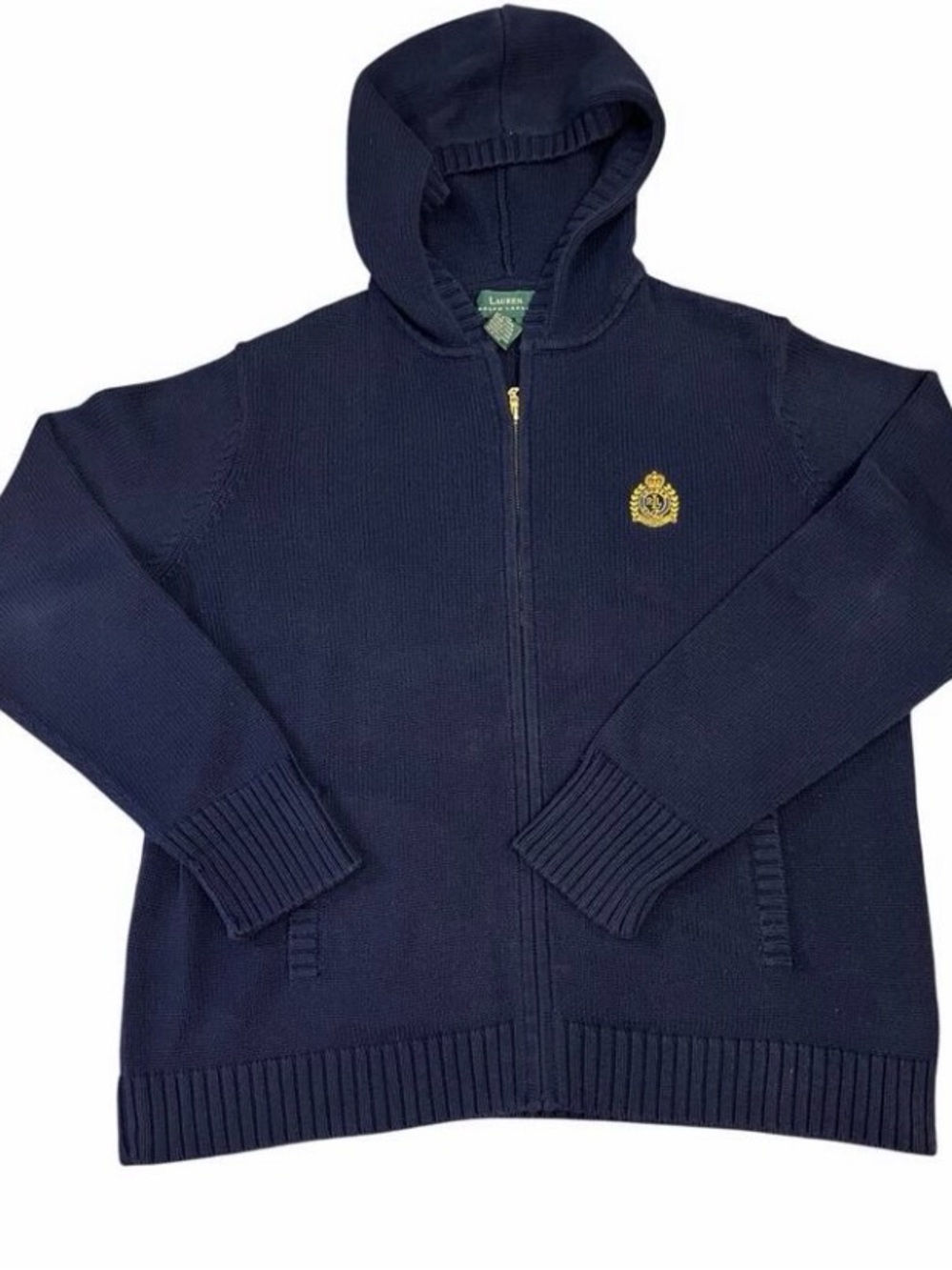 Vintage Lauren Ralph Lauren Navy Zip 100% Cotton Cardigan with Gold Crest